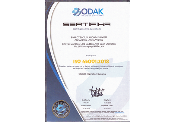 Akra Hotels Sertifika Oda Caard3