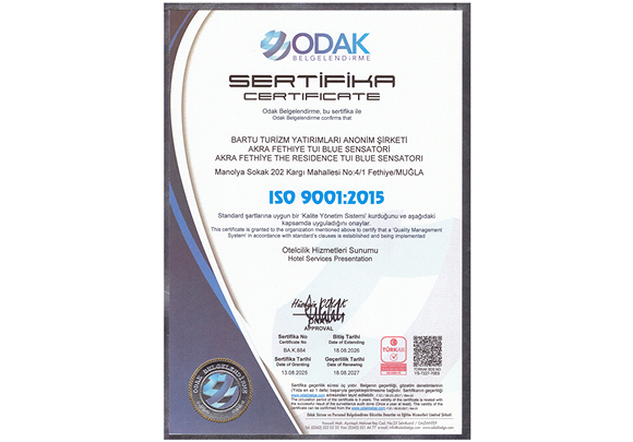 Akra The Residence Sertifikalarımız ıso 9001