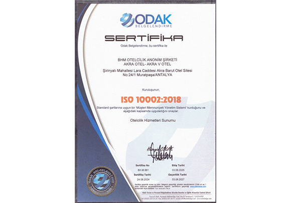 Akra Hotels Sertifika Oda Caard4
