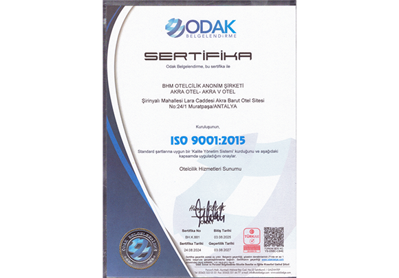Akra Hotels Oda Sertifika Card