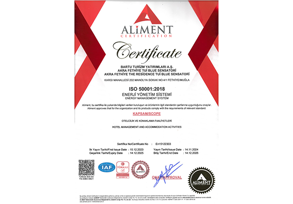 Akra The Residence Sertifikalarımız ıso 50001